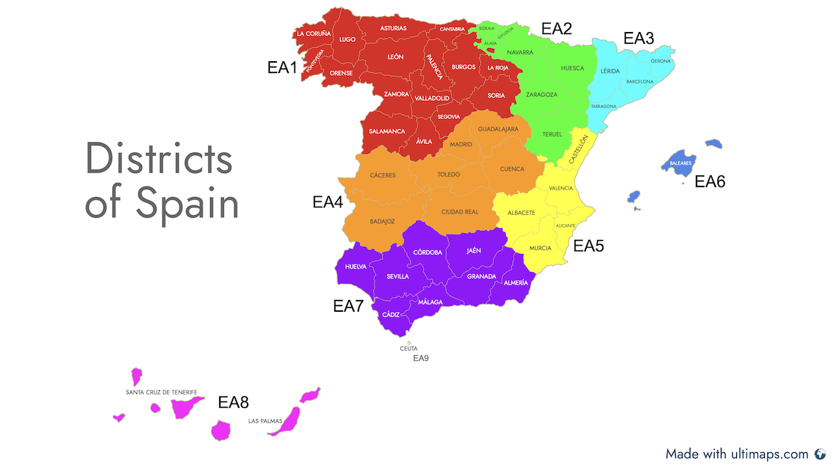 Map of the Spanish districts and prefixes EA1 through EA9