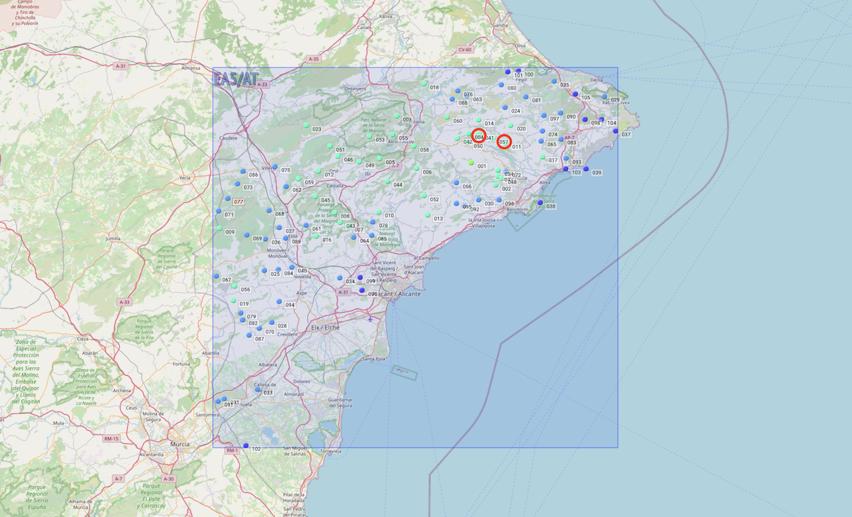 Map of SOTA summits in the EA5/AT Alicante province with highlighted favourites