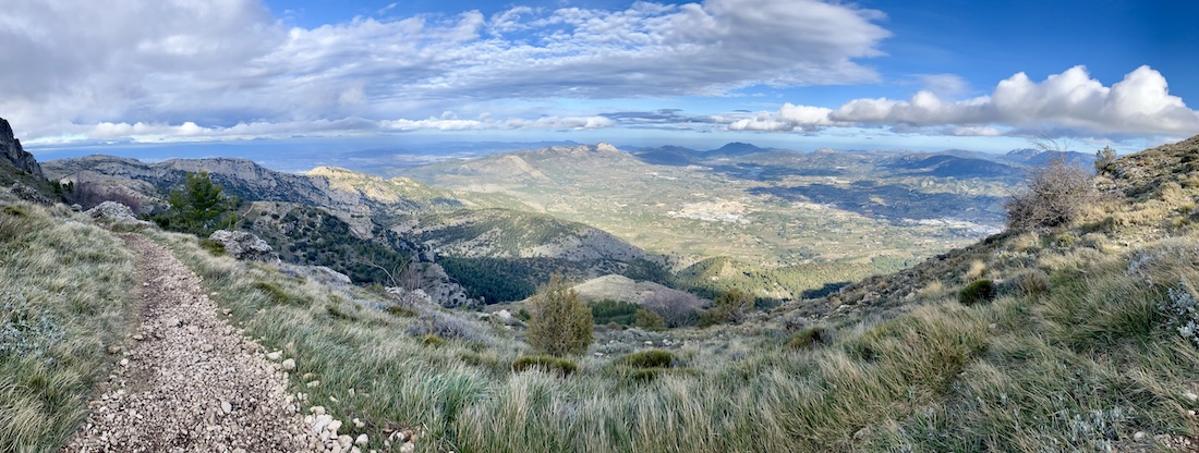 Panoramic north-easterly view descending from Montcabrer, Alicante province, Spain